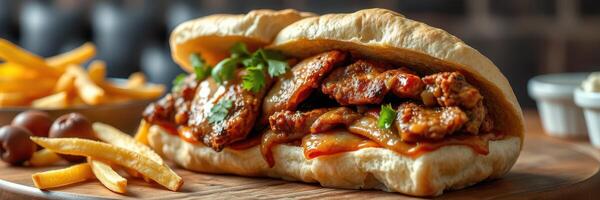 Savory sandwich with grilled chicken and fries served at a casual dining restaurant during lunchtime photo