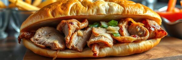 Delicious sandwich filled with tender meat and fresh herbs ready to enjoy at a cozy eatery photo