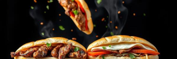 Delicious grilled meat sandwiches with fresh toppings and smoky steam rising in a dark setting photo