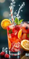 Refreshing summer beverage with fresh fruits and mint served in a tall glass photo