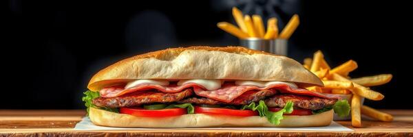 Delicious sandwich with meats, vegetables, and fries served on a wooden table with a dark background photo