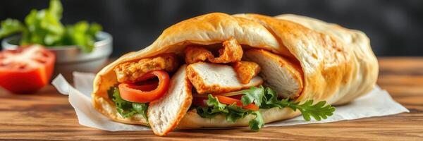 Delicious wrap filled with grilled chicken, fresh vegetables, and savory spices at a casual dining spot photo