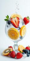 Refreshing fruit-infused drink in a glass with splashes captured beautifully on a white background photo