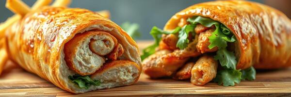Delicious chicken wraps served with crispy fries on a wooden board in a cozy dining setting photo