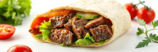 Delicious wrap filled with juicy beef, fresh vegetables, and herbs, perfect for a quick meal or snack on a sunny day photo