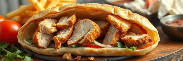 Delicious sandwich filled with crispy chicken strips served with fries and fresh vegetables photo