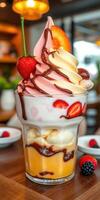 Indulge in a colorful dessert with layers of ice cream, fresh fruit, and chocolate drizzle at a cozy cafe photo