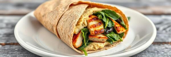 Healthy wrap filled with grilled chicken, fresh spinach, and creamy hummus served on a rustic plate photo