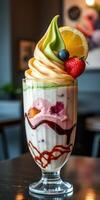Delicious dessert with colorful soft serve topped with fruits served in a stylish glass at a modern cafe photo