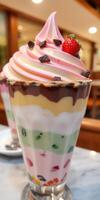 Vibrant dessert with layers of flavors featuring chocolate, strawberry, and mint photo