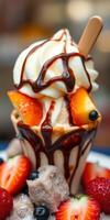 Delicious ice cream sundae topped with fresh fruits and chocolate sauce in a vibrant setting photo