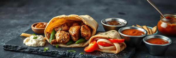 Delicious falafel wrap with fresh vegetables and assorted sauces on a rustic table photo