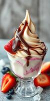 Delicious soft serve dessert topped with chocolate sauce and fresh strawberries at a cozy cafe during summer photo