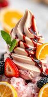 Delicious soft serve ice cream topped with fresh fruit and chocolate drizzle at a dessert shop photo