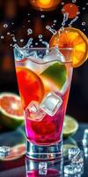 Colorful mixed drink with fresh fruit garnishes served in a glass with ice photo