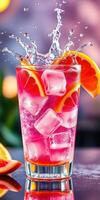 Refreshing citrus cocktail splashes with ice and orange slices on a vibrant background photo