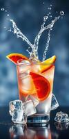 Refreshing cocktail with orange and ice splashing in a glass against a vibrant blue background at a summer gathering photo