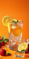 refrescante agrios bebida con limón y menta en un vibrante naranja antecedentes durante un verano tarde foto
