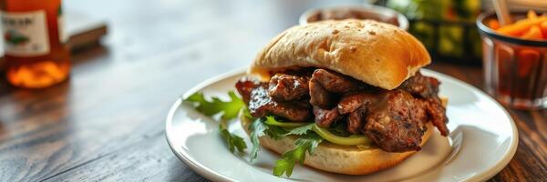 Juicy grilled meat sandwich with fresh herbs served in a cozy cafe setting photo