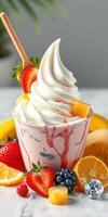 Delicious dessert featuring soft serve ice cream topped with fresh fruits and colorful syrup in a cozy setting photo