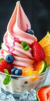 Delicious soft serve ice cream topped with fresh fruit in a vibrant dessert bowl photo