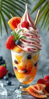 Delicious fruit dessert with whipped cream and fresh berries enjoyed at a tropical setting photo