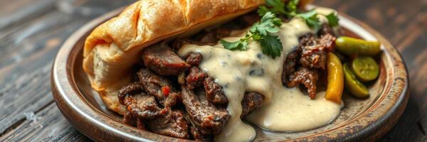 Delicious beef sandwich topped with creamy sauce and served with pickles on a rustic wooden table photo