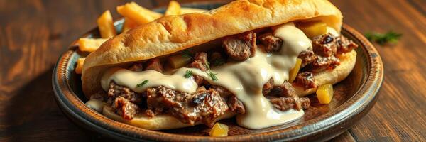 Delicious cheesesteak sandwich served with crispy fries on a wooden table photo