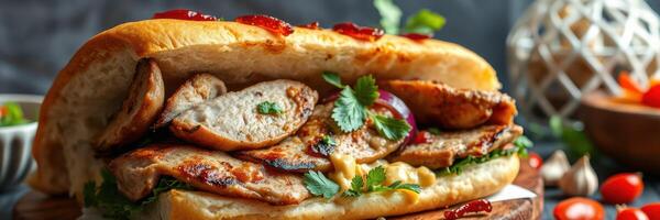 Delicious grilled chicken sandwich with fresh toppings served on a wooden table photo