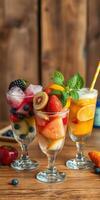 Refreshing fruit cocktails served in elegant glasses with vibrant colors on a wooden table photo