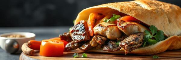 Freshly made sandwich with grilled meat, vegetables, and herbs served on a wooden board photo