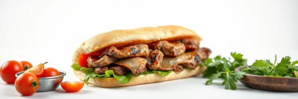 Fresh sandwich filled with grilled chicken, lettuce, and tomatoes on a white background photo