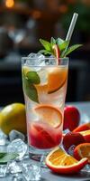 Refreshing fruit cocktail with vibrant colors and ice for summer enjoyment photo