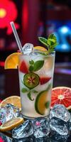 Refreshing summer cocktail with colorful fruits and mint in a bright bar setting photo