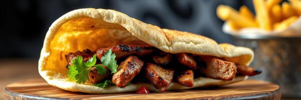 Succulent grilled chicken wrap served with crispy fries at a cozy eatery photo