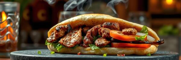Savory grilled meat wrap served on a stone plate with fresh vegetables and herbs in a warm atmosphere photo