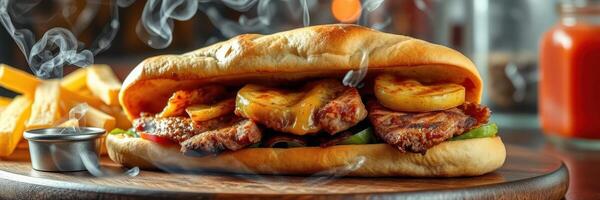 Delicious sandwich with grilled meat and fresh vegetables served with fries and sauce in a warm setting photo