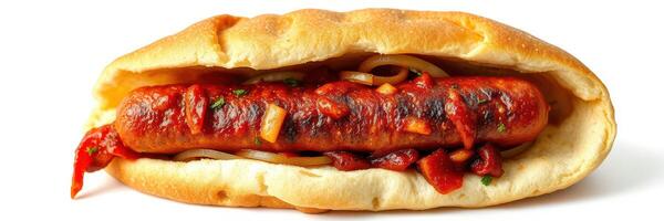 Delicious sausage sandwich with savory toppings served in a fresh bun for a satisfying meal option photo