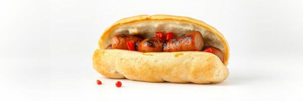 Delicious grilled sausage sandwich served with peppers on soft bread for a flavorful lunch experience photo