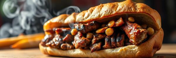 Delicious sandwich filled with grilled meat and pine nuts served with smoke in the air photo