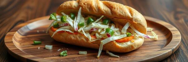 Delicious sandwich with fresh vegetables served on a wooden plate in a cozy setting during daylight photo