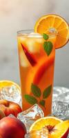 Refreshing summer beverage with orange, mint, and chili peppers served over ice photo