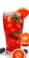 Refreshing fruit cocktail with strawberries and oranges served on ice in a clear glass photo