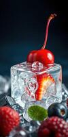 Fresh fruit and berry dessert with ice and a cherry on top presented beautifully photo