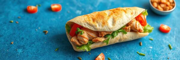 Delicious chicken wrap with fresh vegetables on a vibrant blue background at a casual dining setting photo