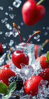 Fresh cherries and strawberries on ice create a vibrant summer dessert display with blackberries photo