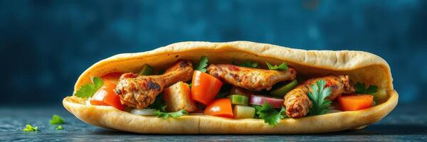 Tasty flatbread wrap filled with chicken and fresh vegetables against a textured blue background photo