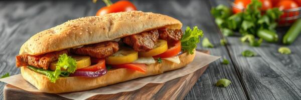 Delicious sandwich filled with grilled chicken, fresh vegetables, and flavorful sauces on a wooden table photo