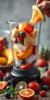 Bright and colorful fruit layers in a blender preparing a refreshing smoothie in a kitchen setting photo