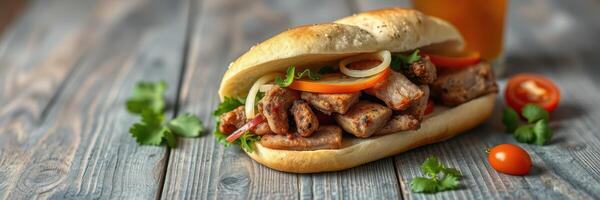 Delicious sandwich with grilled meat, fresh vegetables, and herbs served on wooden table with a drink photo